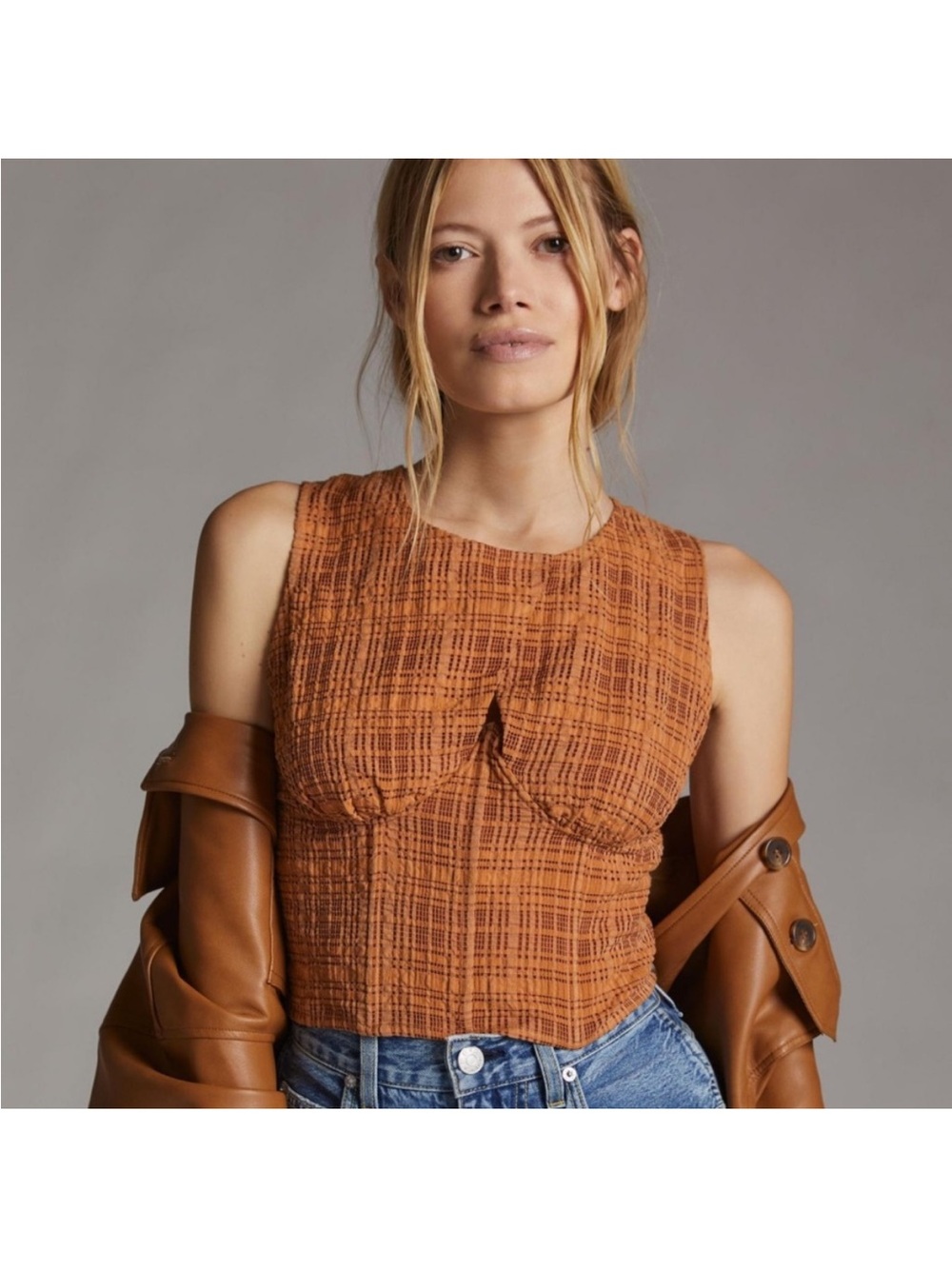 Current Air Rust Plaid Sleeveless Crop Top